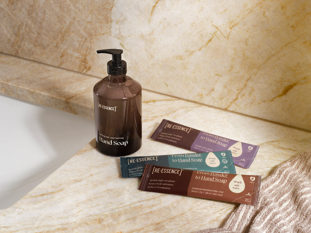 Håndsæbesæt m. genanvendelig glasdispencer- citrongræs/rosmarin/cedertræ